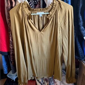 Current Air Pleated Ruffle V-Neck Blouse - Mustard Gold